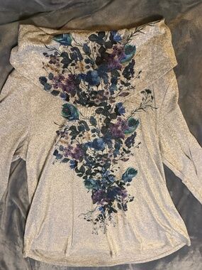 Indigo Soul Women's Large Gray Floral Cowl Neck 3/4 Sleeve Top